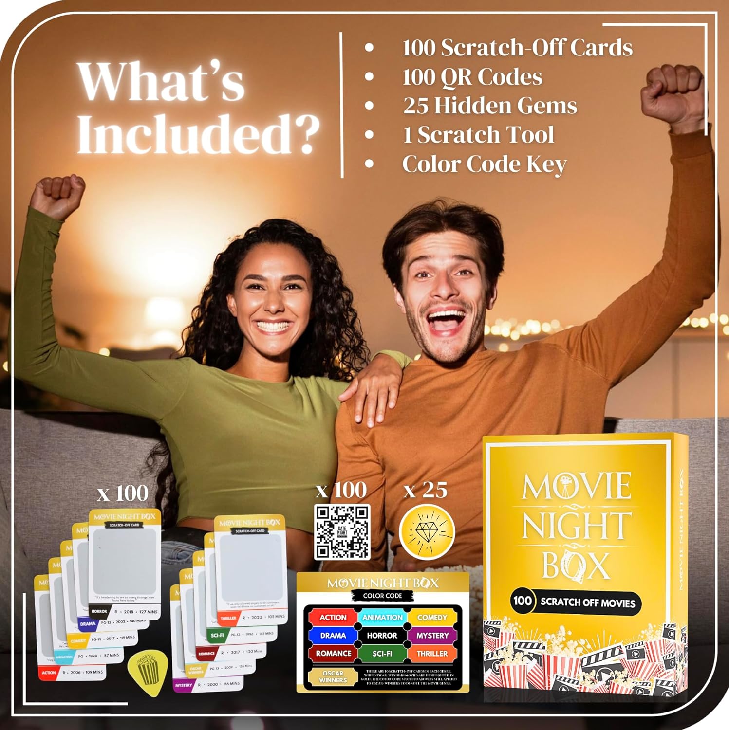 &quot;What&#39;s included in Movie Night Box | 100 scratch-off movie cards with QR codes | 25 hidden gem movies to discover | Color-coded movie genres including action, romance, sci-fi, comedy, and horror | Interactive movie game for couples and families | Scratch-off tool included | Perfect for family movie nights and date nights | Fun cinematic challenge for movie lovers | Unique gift idea for holidays, birthdays, and anniversaries | Great at-home entertainment option - Date Night Brands