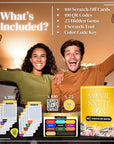 "What's included in Movie Night Box | 100 scratch-off movie cards with QR codes | 25 hidden gem movies to discover | Color-coded movie genres including action, romance, sci-fi, comedy, and horror | Interactive movie game for couples and families | Scratch-off tool included | Perfect for family movie nights and date nights | Fun cinematic challenge for movie lovers | Unique gift idea for holidays, birthdays, and anniversaries | Great at-home entertainment option - Date Night Brands