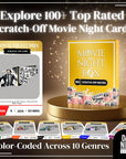 Movie Night Box | Scratch-off movie cards | 100 top-rated movies | Interactive movie game | Color-coded by genre | Action, comedy, drama, horror, sci-fi, romance | QR code for movie details | Family movie night ideas | Date night activities | Gifts for couples | Gifts for families | Holiday gift ideas | Fun movie challenge | Romantic date night ideas | At-home movie night supplies | Unique movie gifts | Perfect gift for movie lovers | Anniversary and birthday gifts.